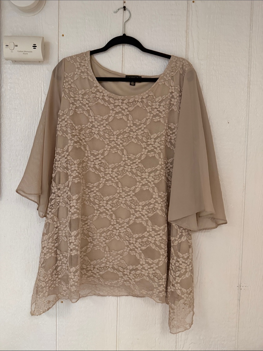 Ladies Beige Lace Overlay Blouse with Sheer Bell Sleeves